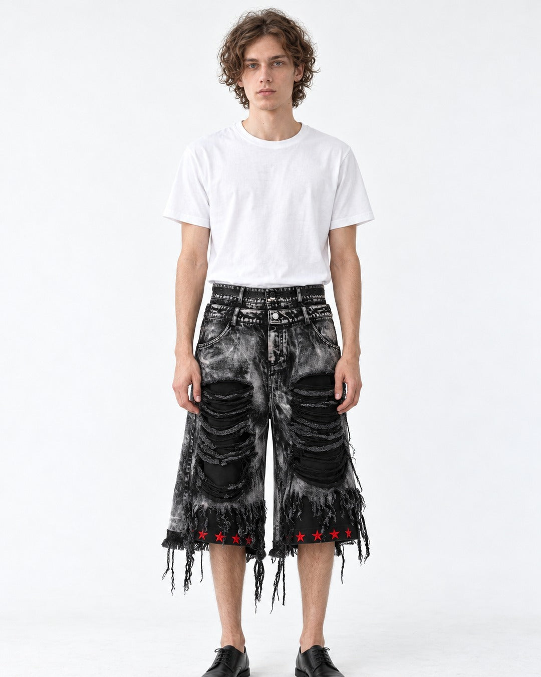 Distressed Fringe Denim Shorts with Red Stars