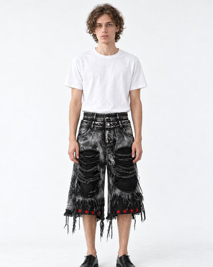 Distressed Fringe Denim Shorts with Red Stars