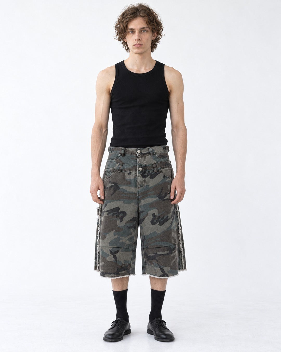 Frayed Camouflage Double Waist Shorts
