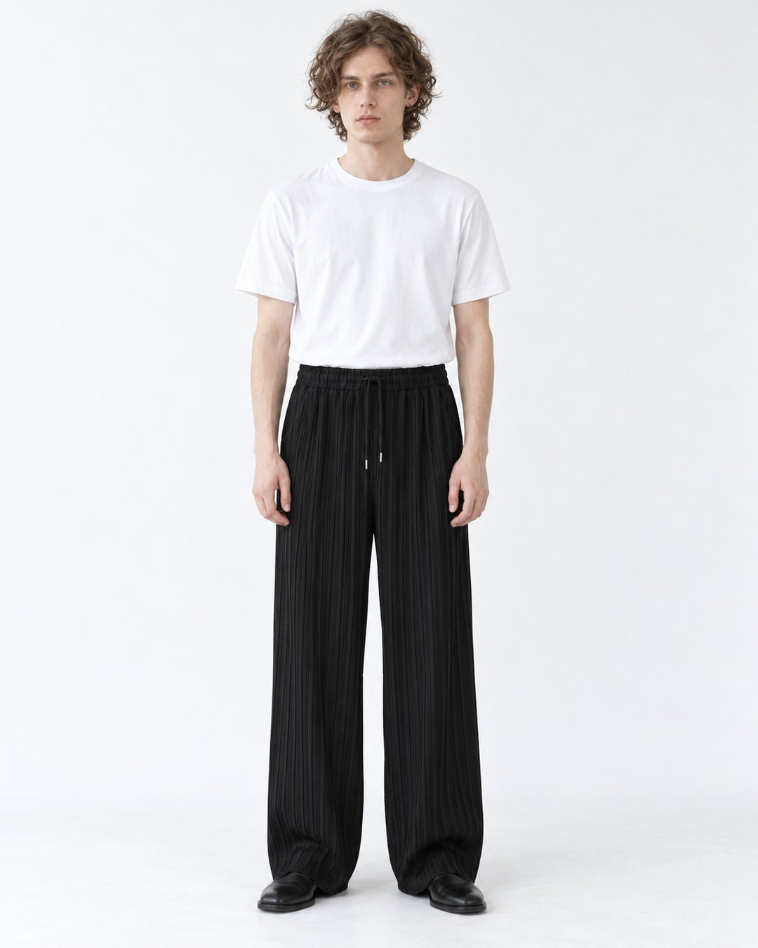 Pleated Drawstring Wide-Leg Pants