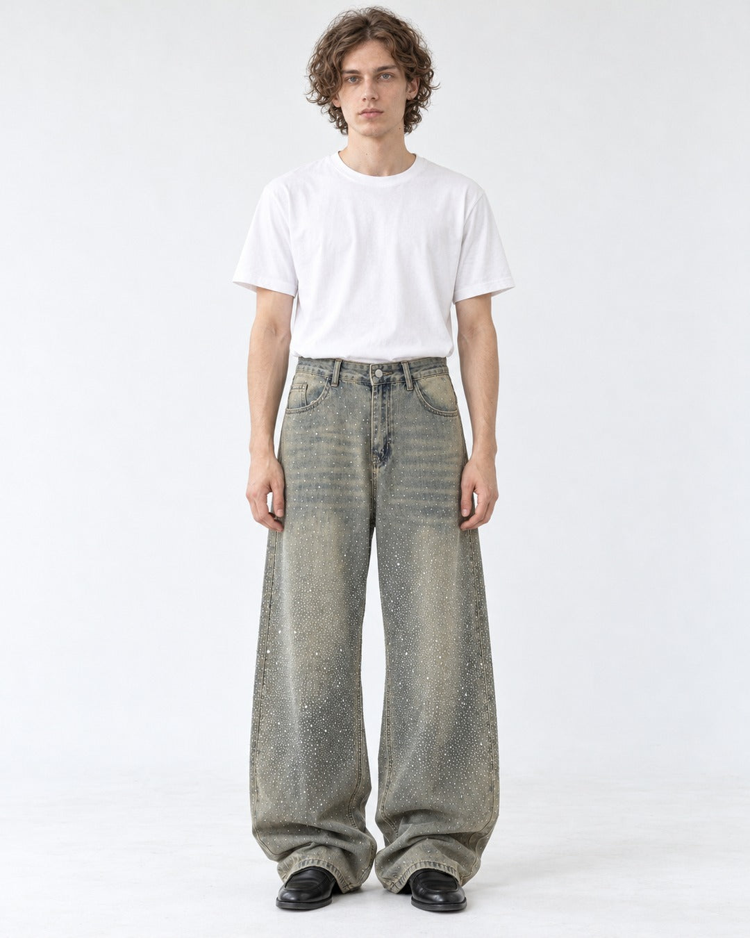 Rhinestone Faded Wide-Leg Jeans