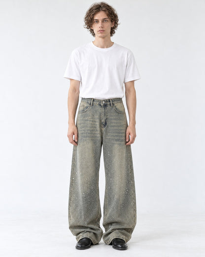 Rhinestone Faded Wide-Leg Jeans
