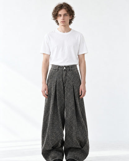 Pleated Wide-Leg Leopard Print Jeans