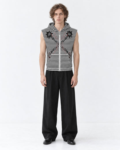 Striped Zip Hooded Vest with Spiked Chain Print