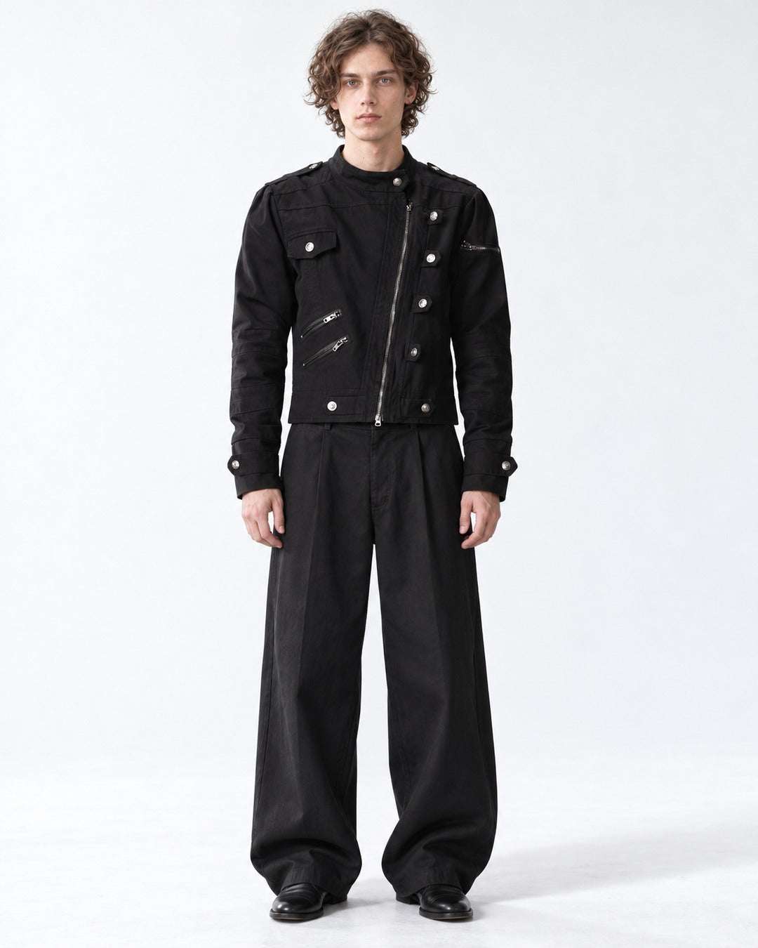 Studded Diagonal-Zip Stand Collar Jacket