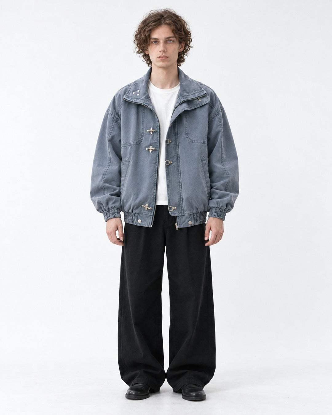 Clasp Stand-Collar Washed Work Jacket