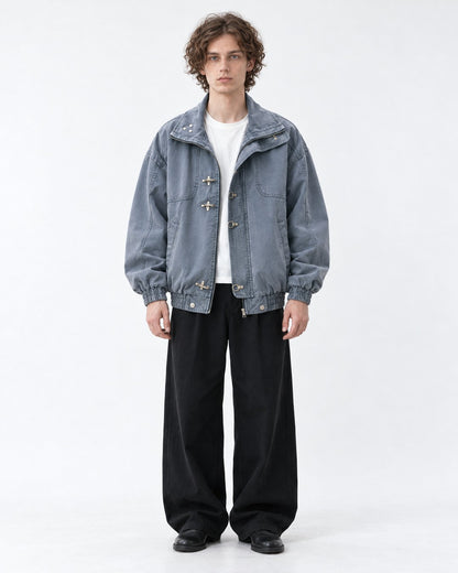 Clasp Stand-Collar Washed Work Jacket