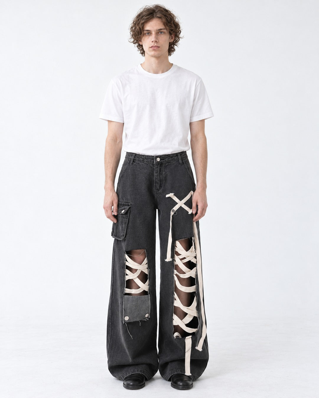 Crisscross Lace Cutout Cargo Jeans