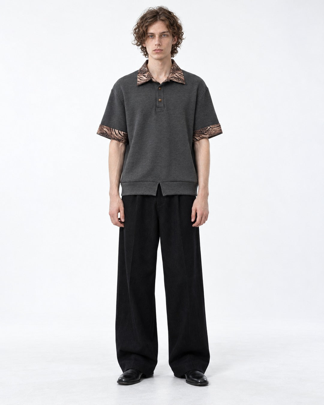 Leopard Print Collar Short Sleeve Polo Top