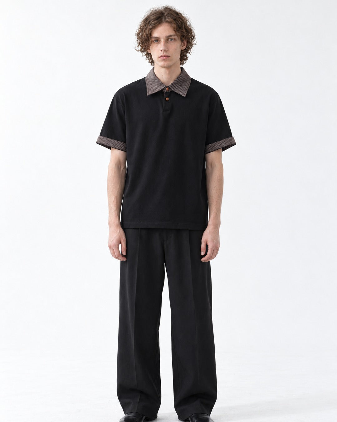 Woven Collar Patchwork Polo Shirt