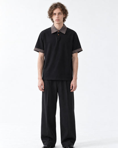 Woven Collar Patchwork Polo Shirt