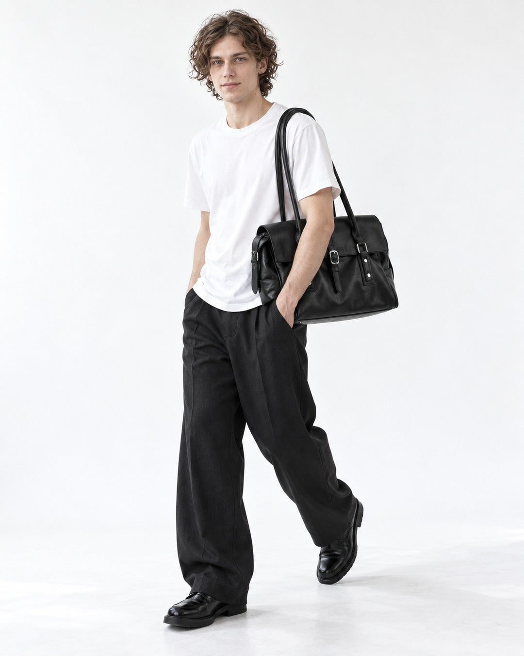 Black Double Buckle Flap Shoulder Bag