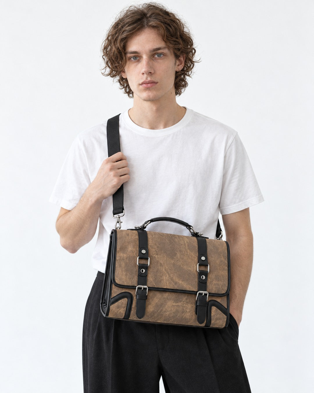 Distressed Buckle Satchel Bag