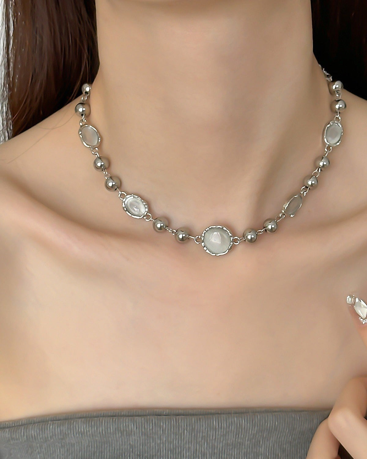 Silver Bead and White Stone Necklace