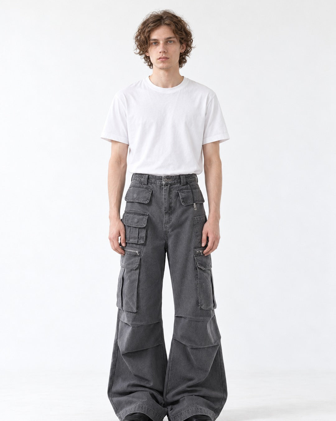 Multi Pocket Pleated Flare Cargo Pants