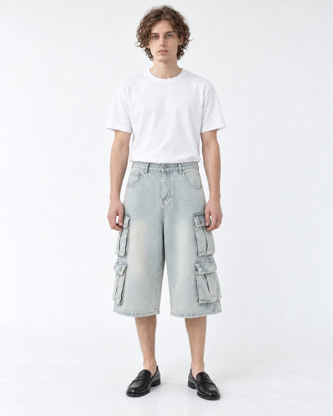 Washed Denim Double Flap Cargo Shorts