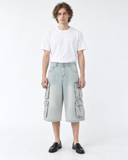 Washed Denim Double Flap Cargo Shorts