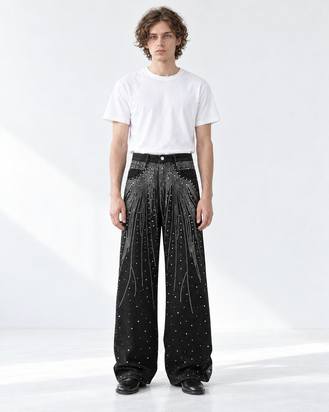 Rhinestone Burst Wide-Leg Black Jeans
