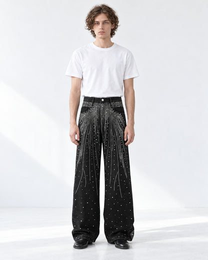 Rhinestone Burst Wide-Leg Black Jeans