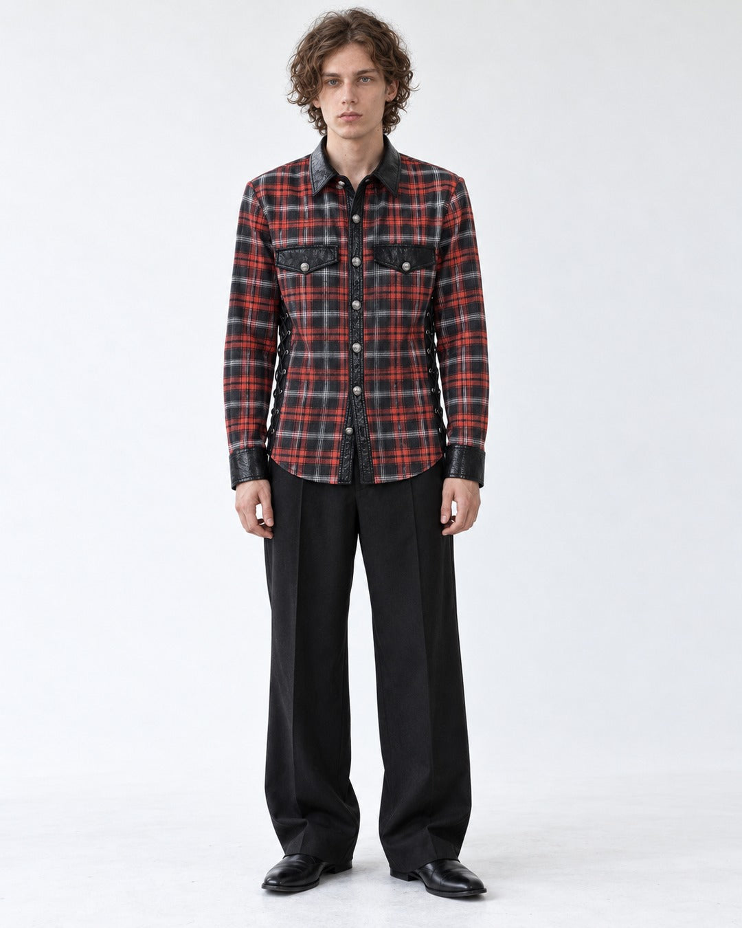 Red Plaid Shirt with Black Panels and Side Lacing