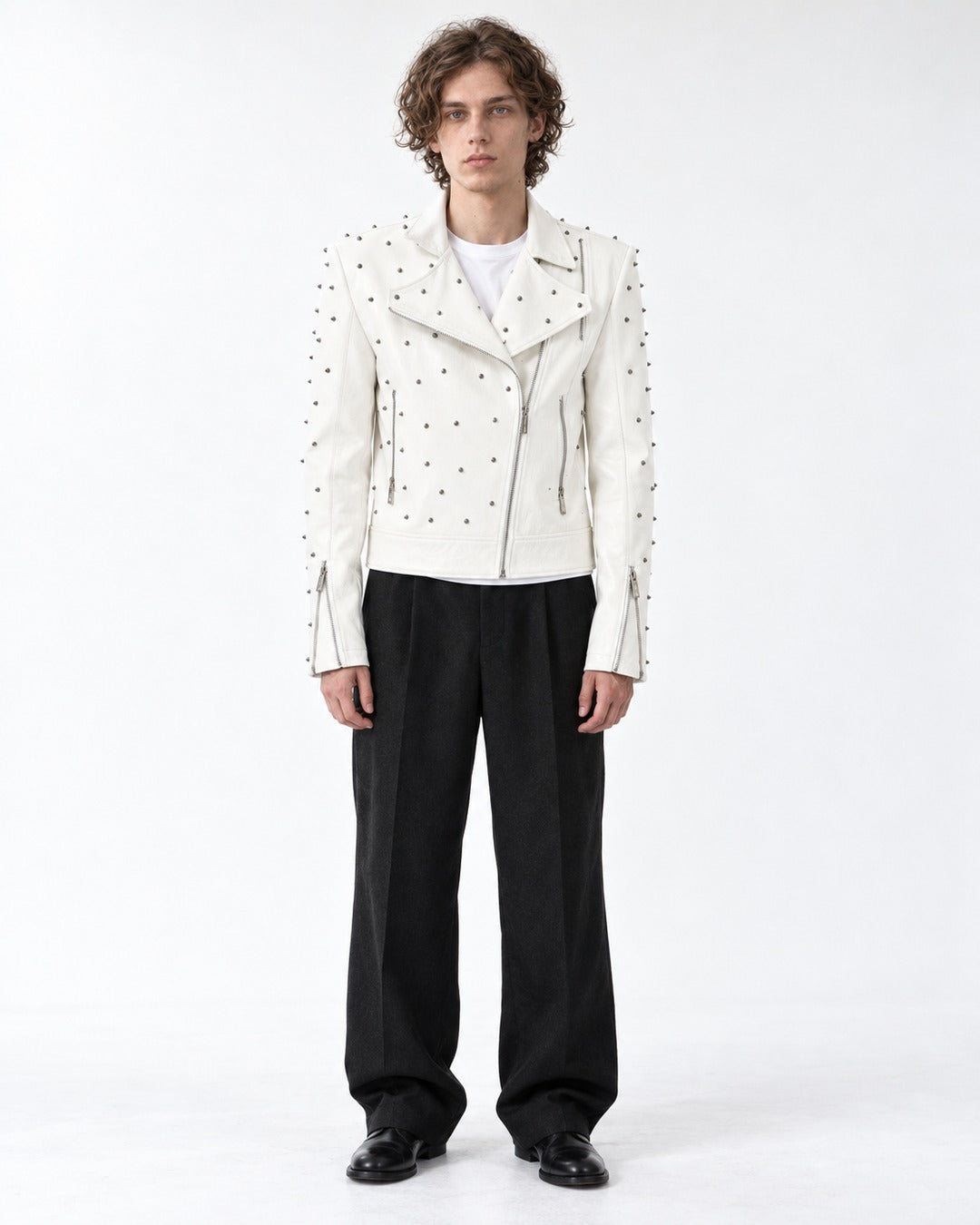 White Metal Rivet Biker Jacket