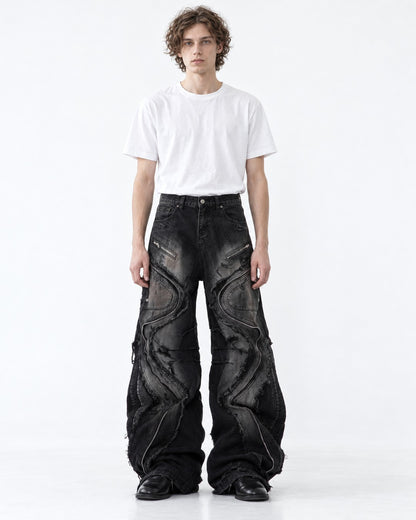 Wavy Panel Frayed Zip Jeans