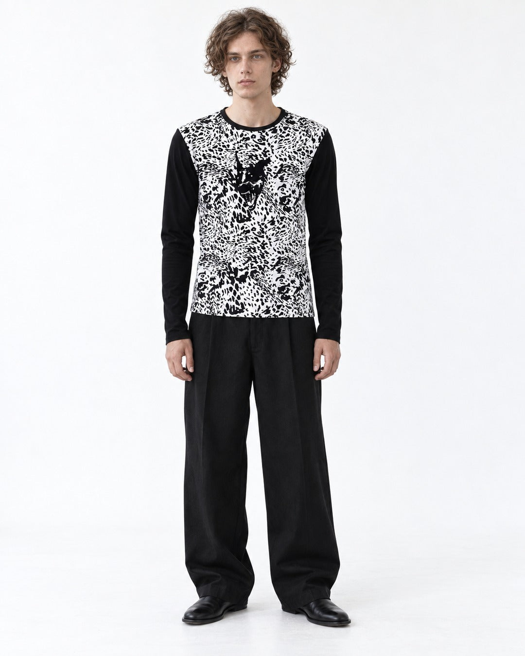 Wolf Head Leopard Color-Block Long-Sleeve T-Shirt