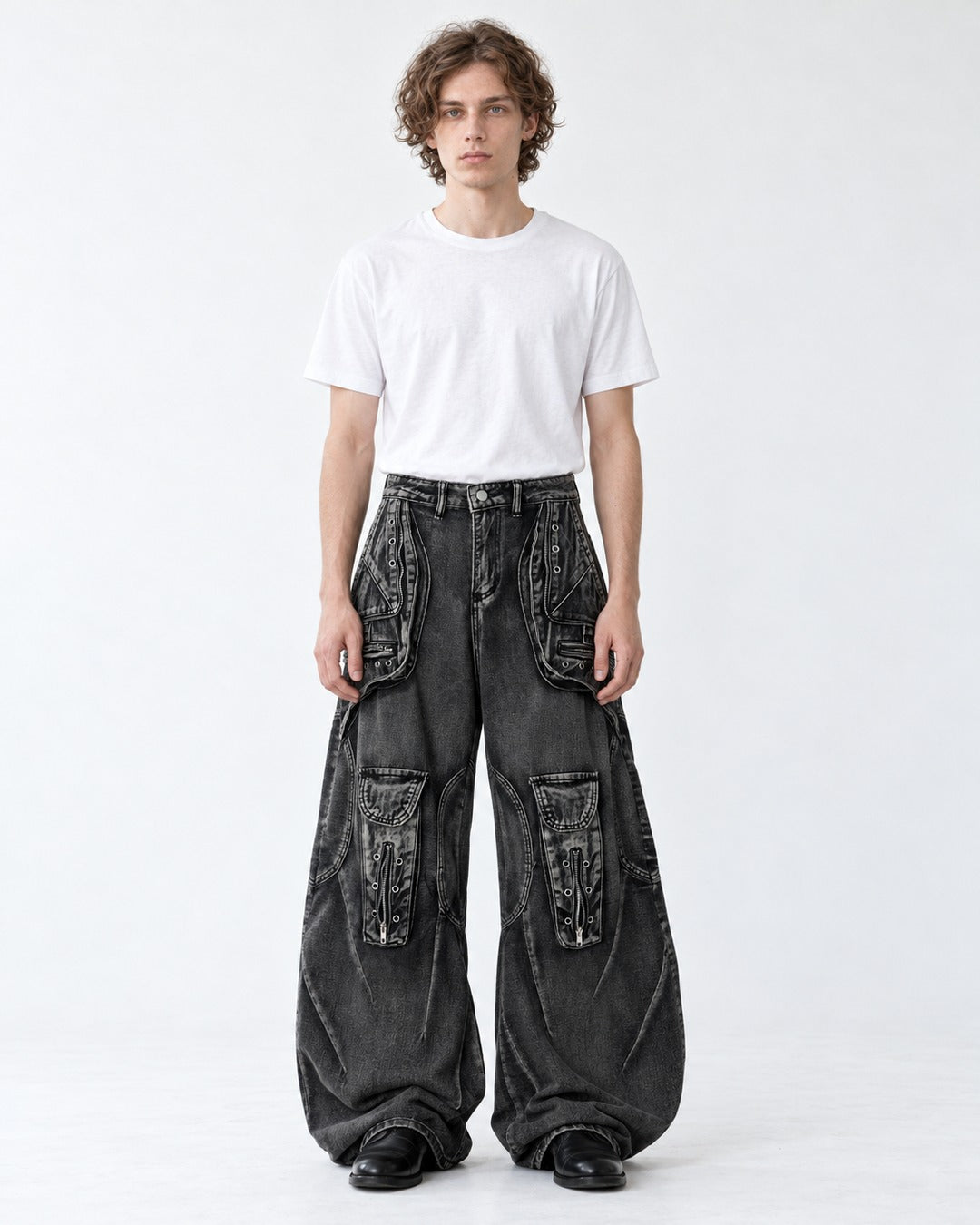 Eyelet Pocket Washed Black Cargo Jeans