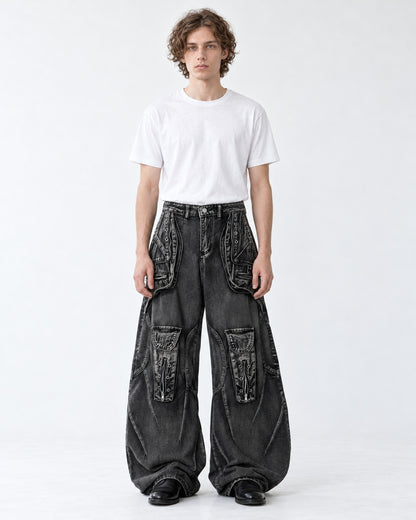 Eyelet Pocket Washed Black Cargo Jeans