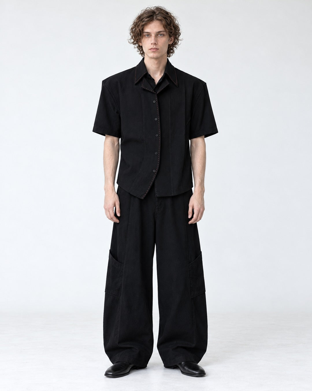 Double Collar Hand-Stitched Short-Sleeve Shirt
