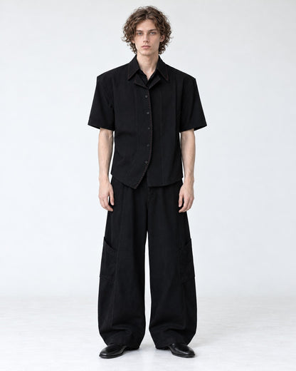 Double Collar Hand-Stitched Short-Sleeve Shirt