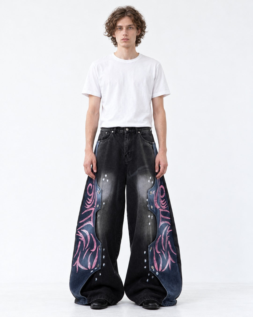 Pink Tribal Pattern Blue-Panel Black Wide-Leg Jeans