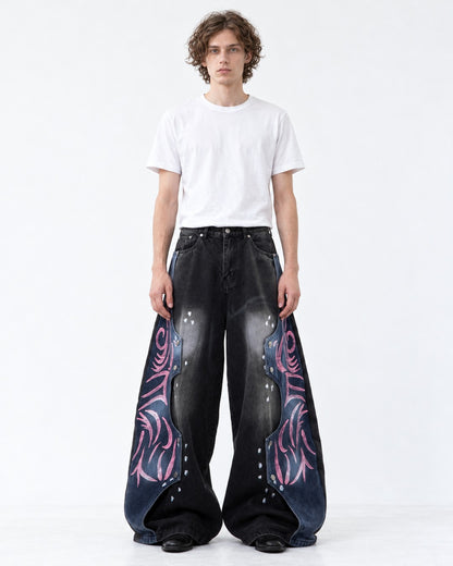 Pink Tribal Pattern Blue-Panel Black Wide-Leg Jeans