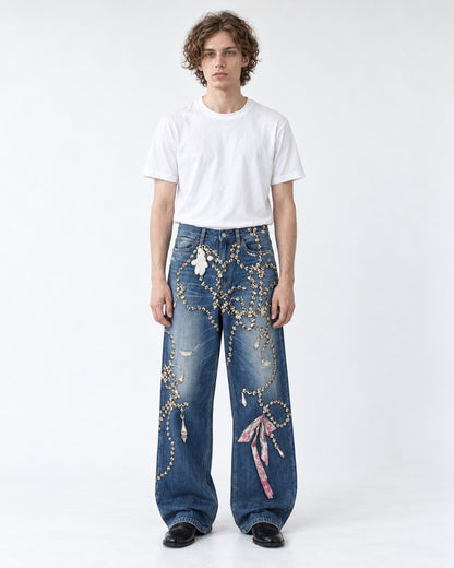 Chain Ribbon Embellished Jeans