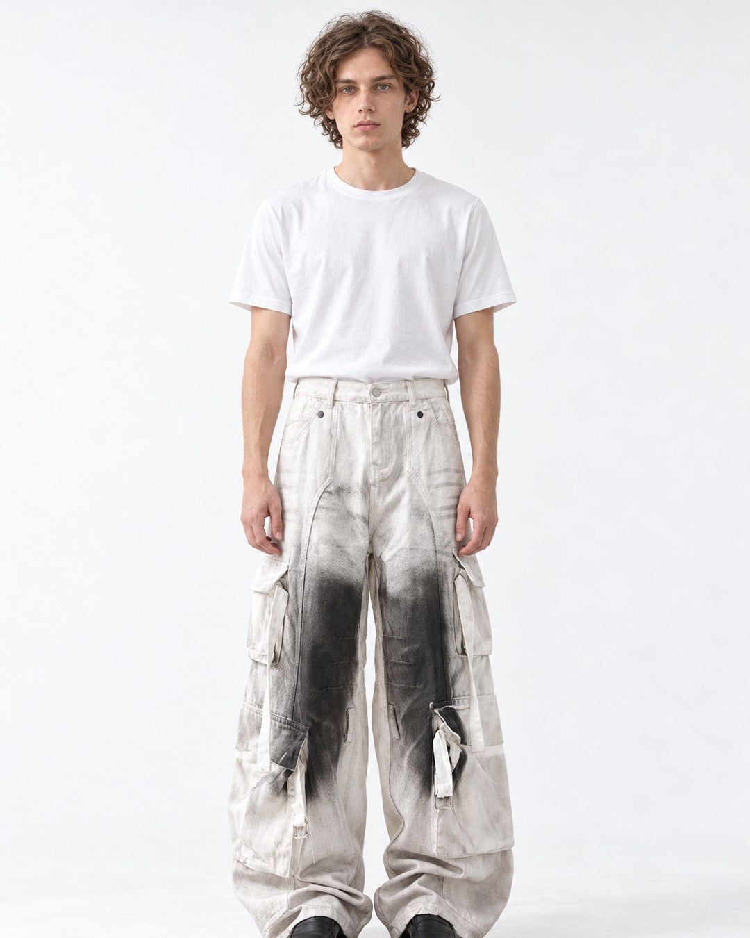 Ink-Splattered Wide-Leg Cargo Pants