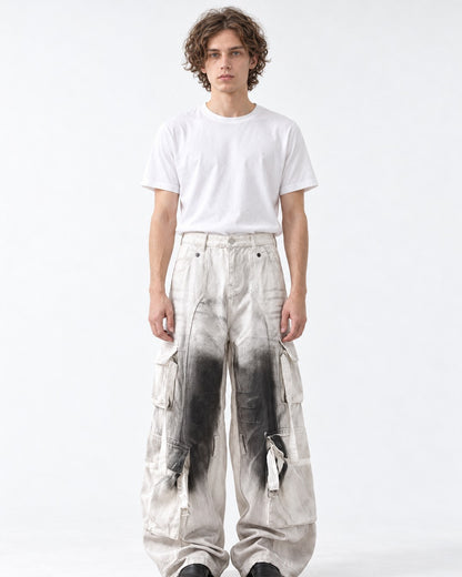 Ink-Splattered Wide-Leg Cargo Pants