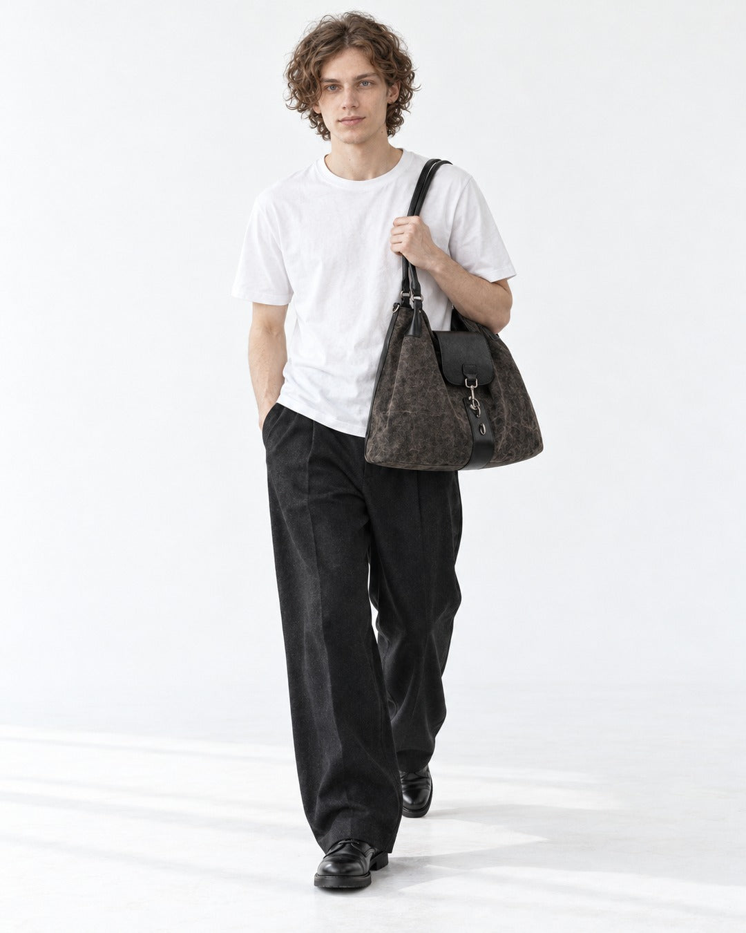 Distressed Canvas Hobo Bag with Black Flap
