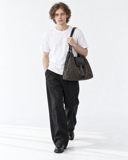 Distressed Canvas Hobo Bag with Black Flap
