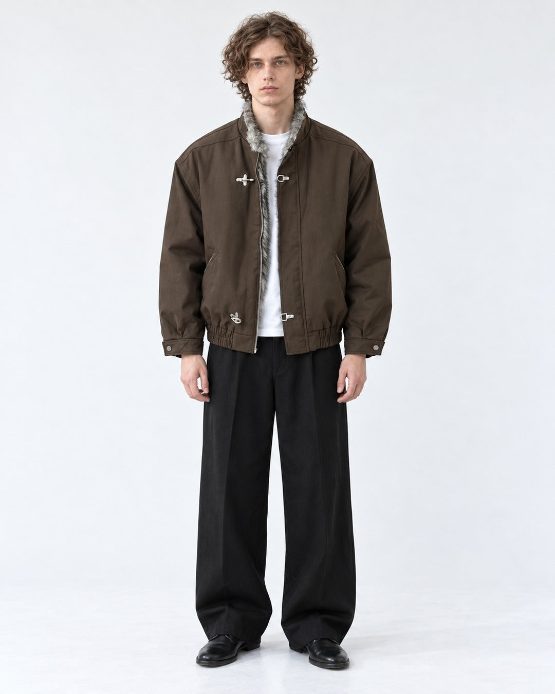 Hook Clasp Fur Collar Bomber Jacket