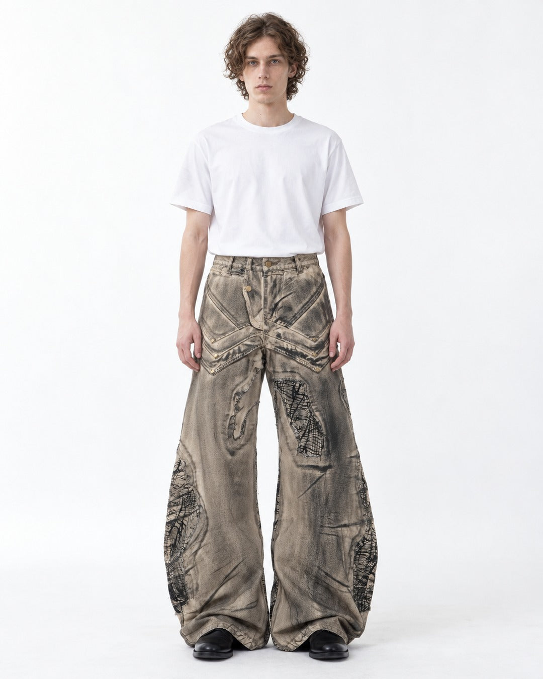 Scribble Patch Chevron Wide-Leg Jeans