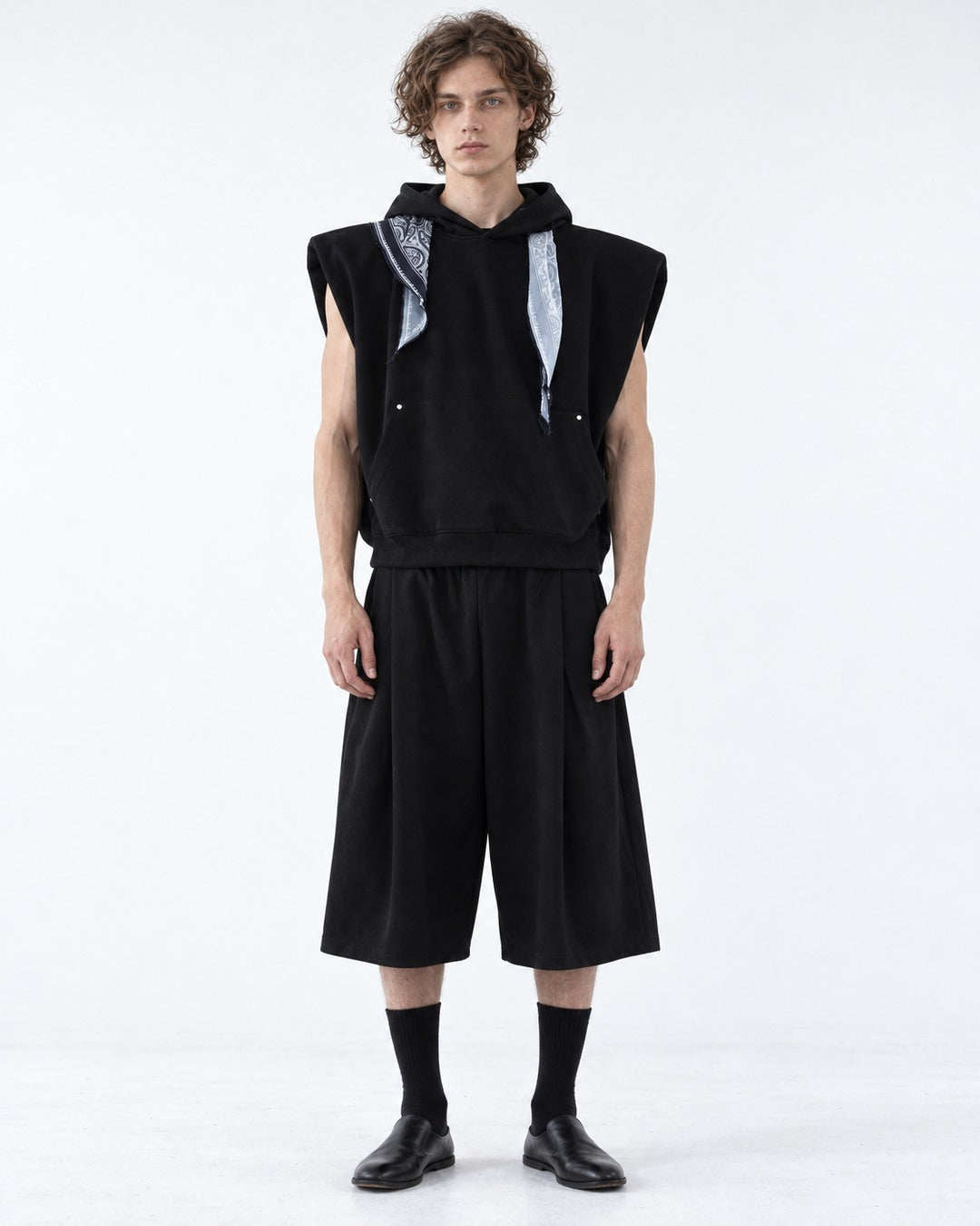 Bandana Hood Sleeveless Vest and Wide Shorts Set-Up