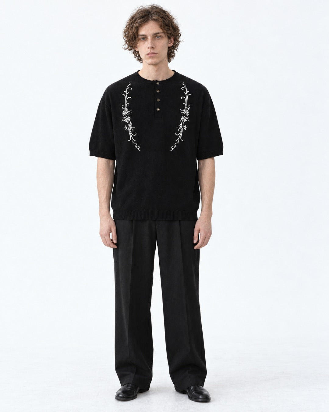Vine Embroidered Henley Knit Top