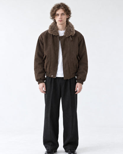 Shearling Collar Suede-Look Bomber Jacket