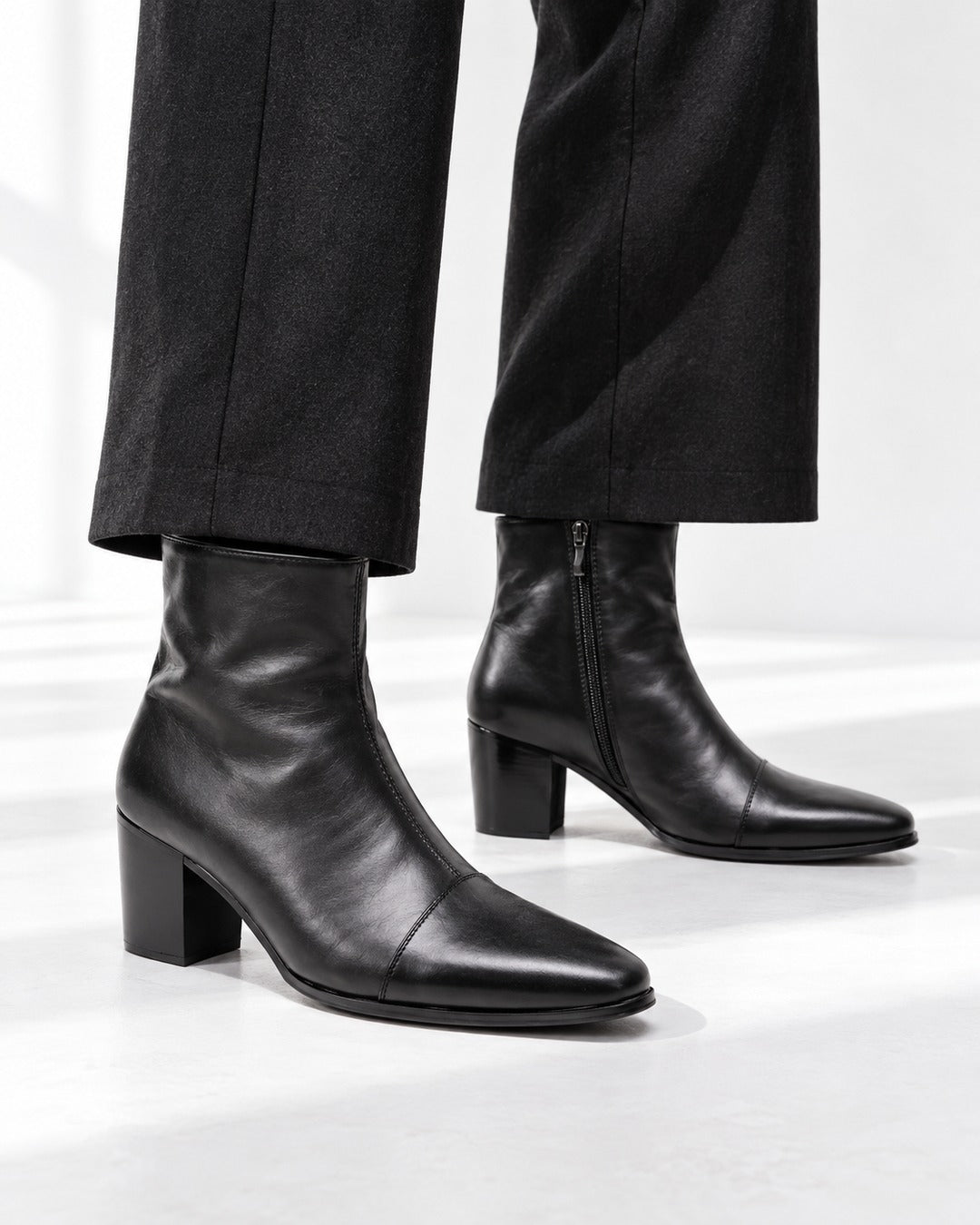 Pointed-Toe Block-Heel Zip Ankle Boots