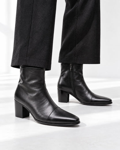 Pointed-Toe Block-Heel Zip Ankle Boots