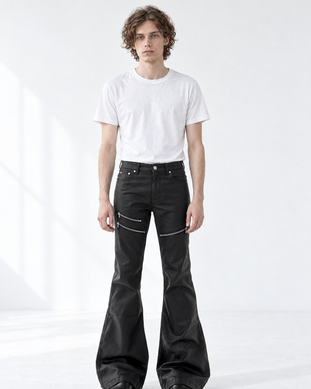 Zip Detail Flared Coated Pants
