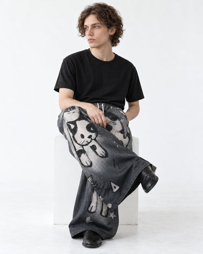 Cat Graphic Gradient Wide-Leg Jeans