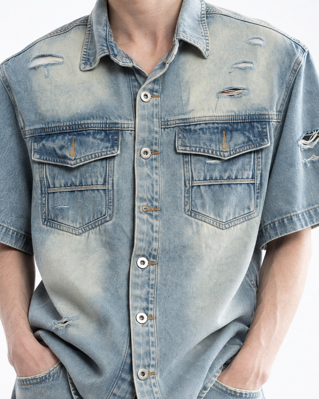Distressed Washed Denim Shirt and Jeans Set-Up
