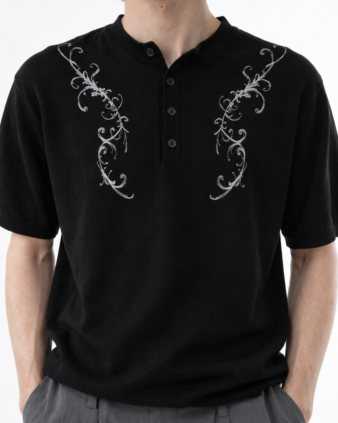 Henley Knit Top with Embroidered Scrollwork