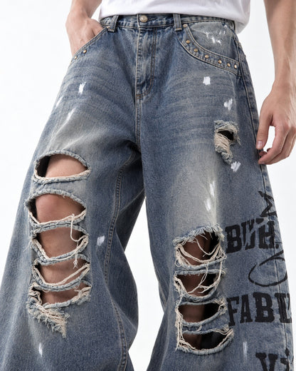 Letter Print Distressed Wide Leg Jeans